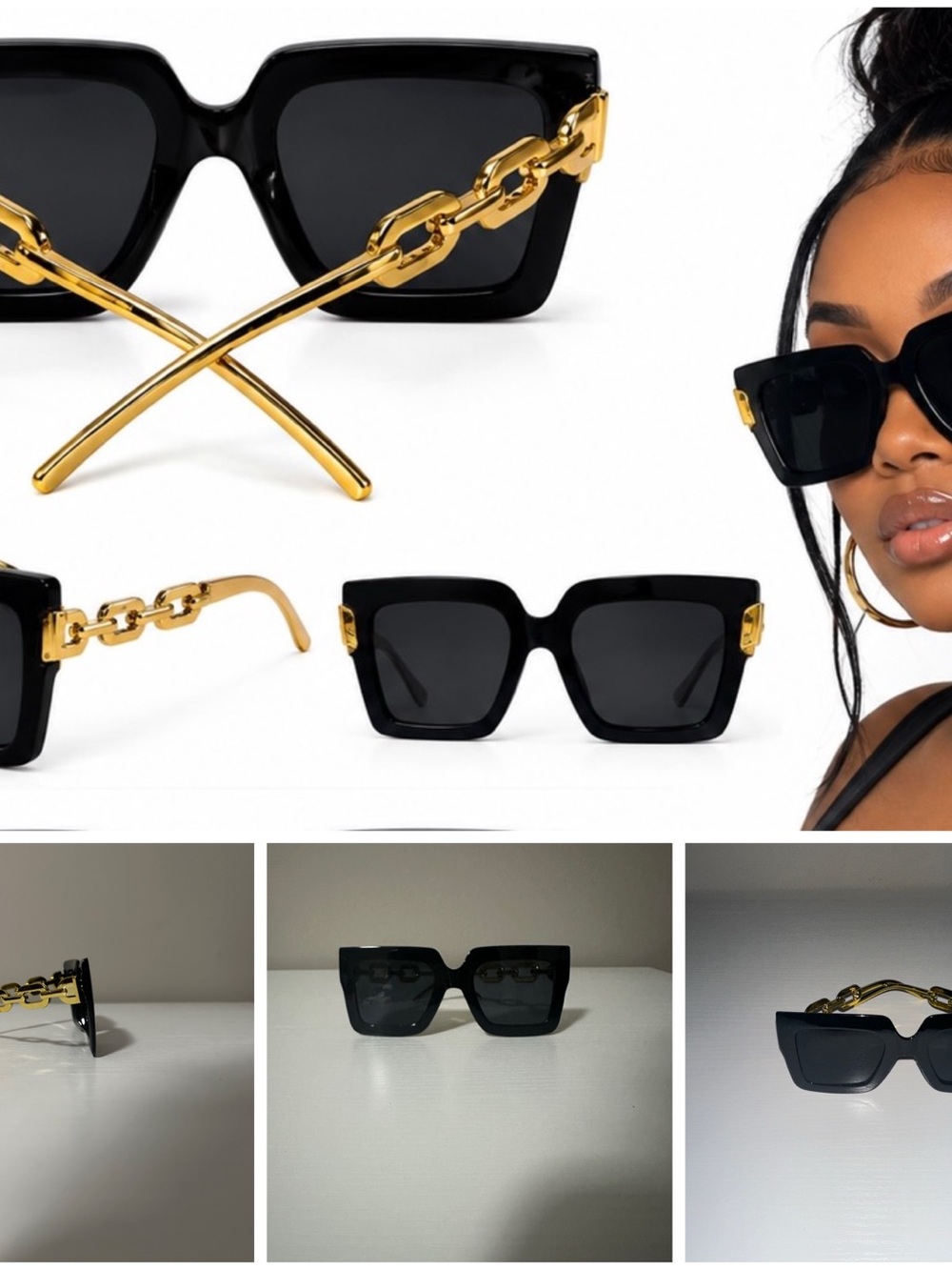 SHEIN Black Square Sunglasses with Gold Chain Temples - Never Worn